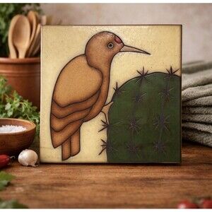 Southwestern Ceramic Trivet Stylized Woodpecker Cactus Tile Rustic Kitchen Decor